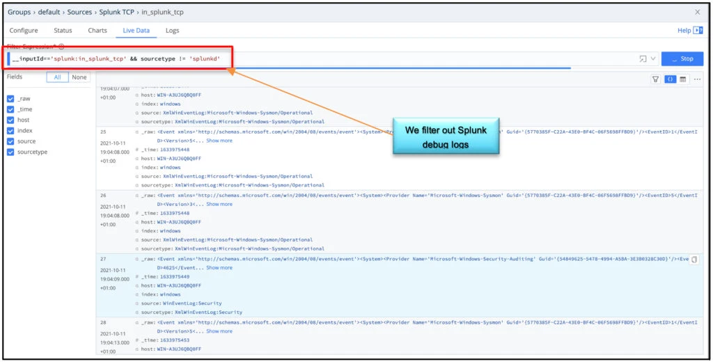 Enabled source for Splunk TCP 9997 logs from the windows Server