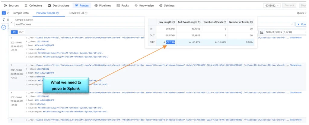 Logs’ volume reduction reported by Cribl basic statistics (we will prove this with Splunk)