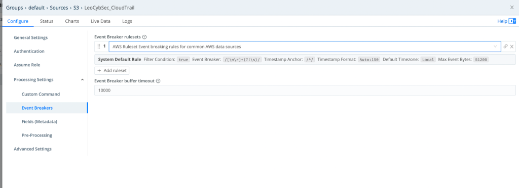 3. Enter the event breaker settings (LogStream has predefined rules for reading AWS logs)