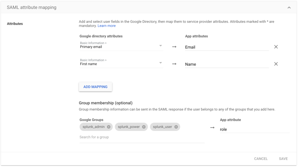 Mapping the SAML Attributes